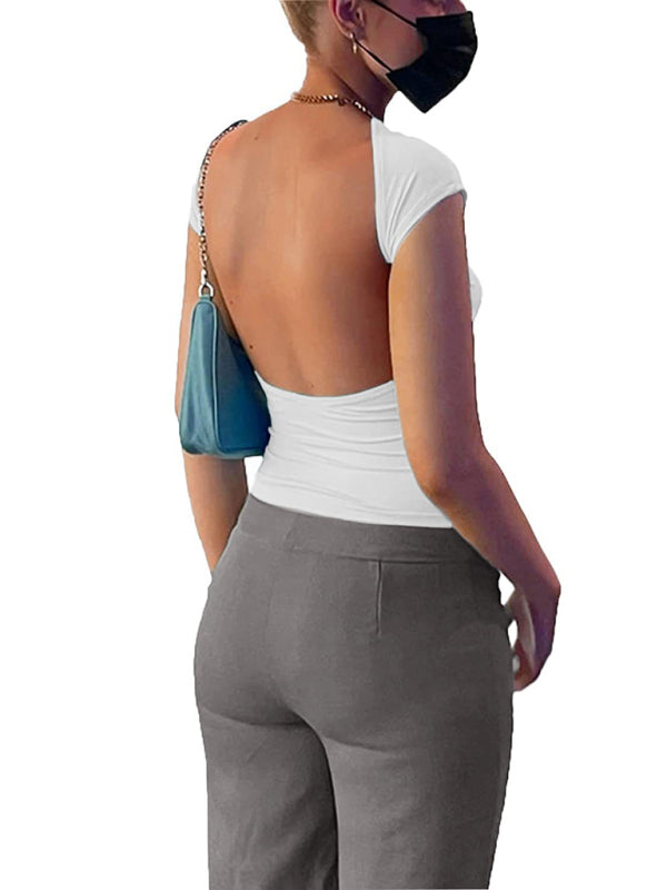 Solid Color Crew Neck Open Back Top - York & Dante