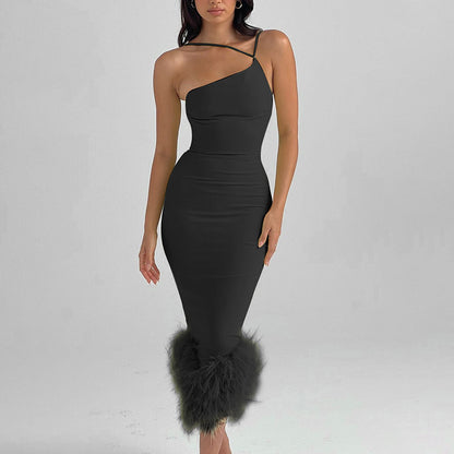 One Shoulder Feather Dress