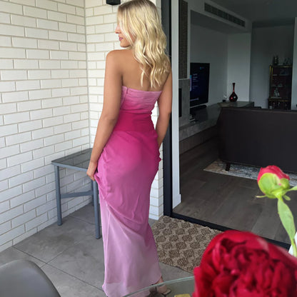 Gradient Pleated Backless Maxi Dress