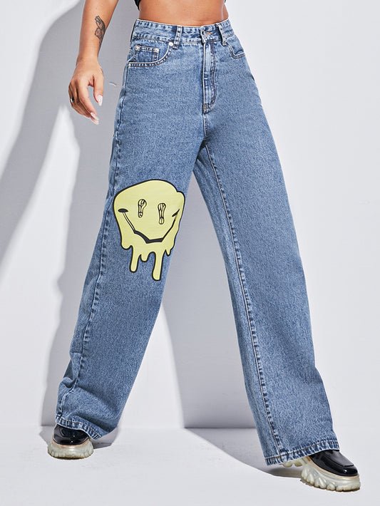 Jeans de mezclilla sueltos con cara sonriente casual de moda