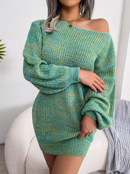 Heathered Boat Neck Lantern Sleeve Sweater Dress - York & Dante LLC