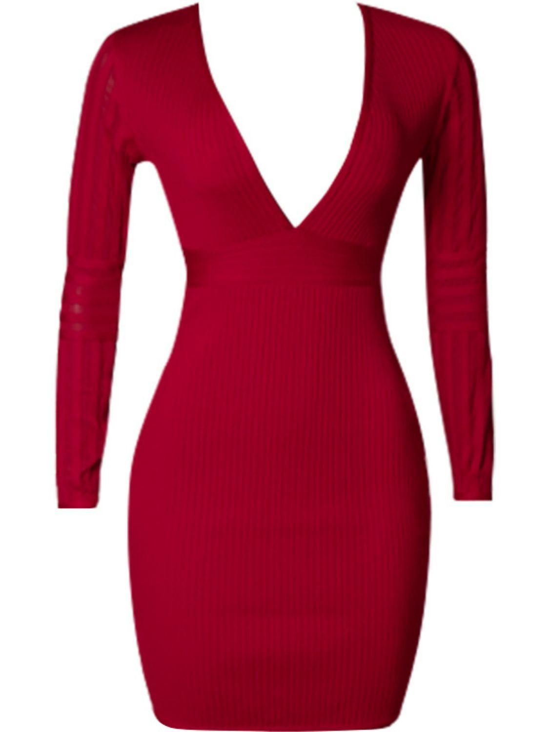 Ribbed Deep V Long Sleeve Mini Bandage Dress - York & Dante LLC